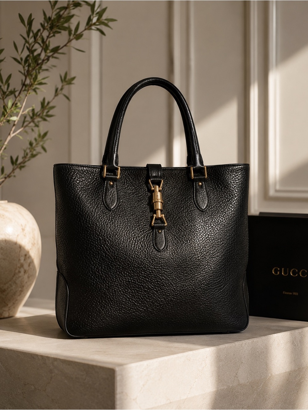 GUCCI Jackie Piston Black Pebbled Leather Large Unisex Tote Bag 145818 1781